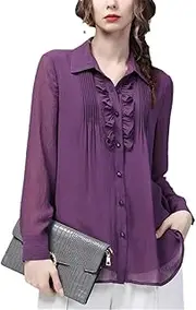 [Generic] Women Spring Summer Ruffled Chiffon Blouse Loose Plus Size Button Down Tops Office Working Casual Shirts