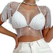 [hzjuyicn] Women's Sleeveless Mesh Top V Neck Rhinestone Sheer Blouse See Through Tee Shirt Crop Tops