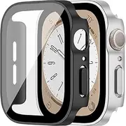 2 Pack Cases for Apple Watch 9 8 7 41mm, Electroplating Bumper Frame with Tempered Glass HD Clarity Screen Protector for iwatch Series 9/8/7 41mm Accessories, Matte Black/Matte Silver