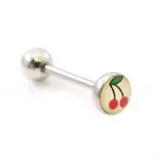 Surgical Steel Tongue Ring Straight Barbell 14 Gauge Cute Cherry Logo