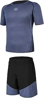 [GUANYUA] Sports Suit Men, Men's Running Fitness Clothes, 2-pcs Short-Sleeved Quick-Drying T-Shirt + Shorts Sports Clothes Gray Black Tight-S