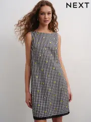 Black/White Gingham Embroidered Daisy Mini Shift Dress (AT3367) | $71