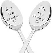 His and Hers Ice Cream Spoons Set of 2 Boyfriend Girlfriend Birthday Valentines Gifts for Husband Wife Engraved Spoon for Couples Anniversary Christmas Presents for Him Her