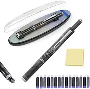 Retractable Fountain Pen, Fountain Pen Retractable:0.38mm Blue&Black Ink Transparent Barrel Includes 15 Refillable Ink Cartridges, for Smooth Writing No Leaking (Black, Black)