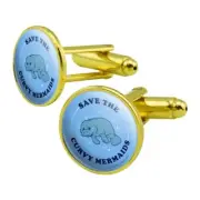 Save the Curvy Mermaids Manatee Funny Humor Round Cufflink Set Gold Color