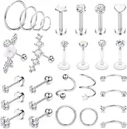[Kakonia] 28PCS 16G Tragus Helix Piercing Earrings Surgical Steel Piercing Cartilage Earrings for Women Hoop Earrings Piercing Helix Septum Couch Daith CZ Barbell Lip Piercing Jewellery Silver/Gold