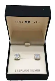 Anne Klein Sterling Silver Pave Halo Cushion Opal Look Stud Pierced Earrings Nwt