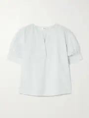 [FRAME] FRAME - Pinstriped Cotton And Linen-blend Blouse - Light blue - small small Blue
