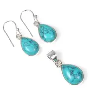 925 Solid Sterling Silver Blue Turquoise Hook Earring Pendant Set F403