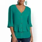 NWT New York & Company Babydoll Top Blouse Women's Size Large Teal Boho Peasant