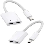 2PCS USB C to Dual USB C Audio Headphone and Charging Adapter for IOS 15 Samsung & All Type C Devices