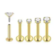 PAIR 16G GOLD PRONG SET CLEAR CZ INTERNALLY THREAD LABRET LIP STUD TRAGUS RING