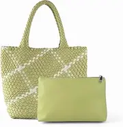 [Hnycinj] Woven Leather Tote Handbag for Women with Purse,Large Soft Hobo Shoulder Bag,Handmade Bag, Beach Underarm Bag