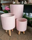 Outdoor Indoor Garden Patio Round Pot Plant Stand Tripod Wood Legs Pink Terrazzo