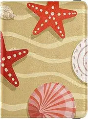 [Amooorous] Summer Beach Shell Starfish Beige Leather decorative cute passport holder Vaccine Case Protector Cover Passport Holder Ultra Slim, Summer beach shell starfish beige, 1 size