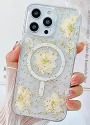 ELEPIK Real Flower Series for iPhone 14 Pro Max Case Clear, [Compatible with MagSafe] [Handmade Real Flower Design] Cute Floral Slim Protective Women Girl Phone Cover (Fashion White)