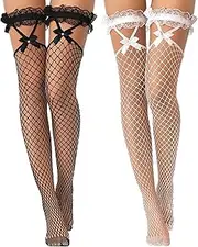 [Hanaoops] 2 Pairs of Fishnet Stockings with Lace Top Bows Thigh High Hold-Up Stockings Women's Suspender Stockings