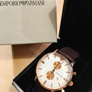 EMPORIO ARMANI GA 雙眼玫瑰金框白鏡面皮錶 【Watch On-line Store 】