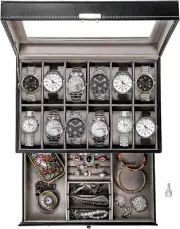 12 Slot Watch Box Case Lockable with Glass Lid 2 Layers Holder Organizer Display