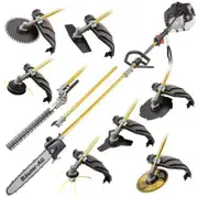 BAUMR-AG 65cc 9in1 Long Reach Garden Multi-tool, Pole Saw, Hedge & Line Trimmer, Brush Cutter, 12" Tree Trimming Pruning Chainsaw Bar, 2 Extension Shafts