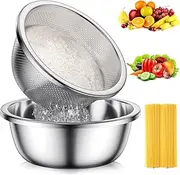 304-Stainless-Steel Colander with Mixing Bowls, 3.5-Quart Large Capacity, Metal Strainer Set Microporous Colander for Washing & Draining Rice, Fruit, Vegetables, Noodle, Cooked pasta(2PC)