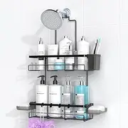 AKTECKE Corner Shower Caddy Bathroom Shelf: 2Pack Adhesive Shower Organizer Essentials - No Drilling Stainless Steel Shower Storage Rack with Hooks and Toothpaste Holder - Bathroom Accessories
