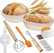 Banneton Bread Proofing Basket Set, 9 In Round & 9.5" Oval Sourdough Starter Kit, Bread Baking Supplies with Dough Whisk,Linen Liner,Dough Scraper,Bread Lame, Silicone Bread Sling