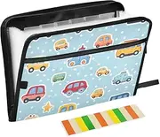 Quteprint 13 Pockets Expanding File Folder with Zipper Closure, Cute Cartoon Cars Accordion File Folder with Sticky Labels, Letter Size A4 Papers Expandable File Document Organizer