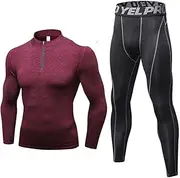 [Abigprofit] High Collar Winter Thermal Underwear Men Long Johns Shirt Leggings Warm Sport Compression Wine Red Set XXL