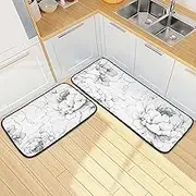 Kitchen Mats for Floor, 2 Piece, Rose White Black Funny Cute Washable Non-Slip Kitchen Rugs Set for Home & Office, Sink, Laundry, 19.7” x 27.6” + 19.7” + 47.2”