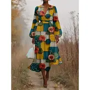 Women's Midi Dress Casual Dress Chiffon Swing Dress Modern Vacation Daily Weekend Regular Fit Floral Geometric Long Sleeve V Neck Pink Blue Green Summer Spring