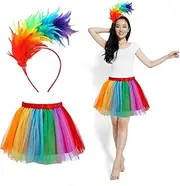 Women's Rainbow Costume, Tulle Skirt, Rainbow Skirt, Women's Tulle with Colourful Feather Headband for Carnival, Halloween, Costume Party, Theme Party