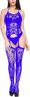 [UAREBST] Royal Blue Fishnet Lingerie for Women, Mesh Chemise Babydoll Bodysuit Sexy Lingerie with Stockings Exotic Dancewear, Royal Blue, One size