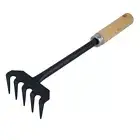 1PC Metal Garden Rake Five Tooth Rake Black Hand Rake with Wooden Handle