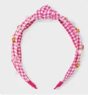 Easter pink Gingham headband with Easter embellishments top knot