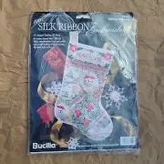 Vintage 1996 Bucilla Silk Ribbon Embroidery Stocking Holiday Patchwork Open Bag