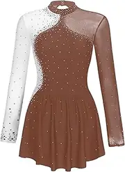 [Linjinx] Womens Figure Skating Dress Rhinestone Long Sleeve Dance Dress Sheer Mesh Patchwork Leotard Costume