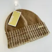 Michael Kors Classic Rib Cuff Knit Beanie Hat Cap Logo Tan Gold Sequins New $45