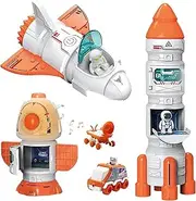 Space Toy for Kids Rocket Ship Toys with Space Shuttle, Astronaut Figures, Space Rover, Spaces Station, 5 in 1 Spaceship Toy for Boys 3-8, Aerospace Model Space Figure Toys with Sound & Lights