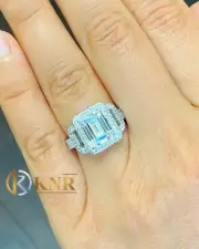 14K SOLID WHITE GOLD EMERALD CUT MOISSANITE ENGAGEMENT RING HALO PRONG 4.00CTW