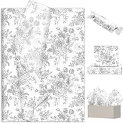 JarThenaAMCS 100 Sheets Floral Tissue Paper Silver Flower Gift Wrapping Paper Vintage Decorative Art Paper for Home Party DIY Crafts Supplies, 14 x 20 Inch