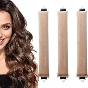3PCS Sleep In Heatless Curlers No Heat Curler Roller for Long Medium Hair Overnight Heatless Curls Curling Rod for Big Waves, Soft Velvet Thick Flexi Rods with Hook (Khaki)
