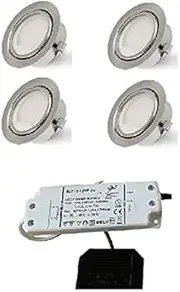 Rolux LED Recessed Light Set of 4 Matt Chrome 58 mm Bore Hole 2.5 W 12 V Warm White Ultra Flat Connectable to AMP or Mini-AMP Plug System