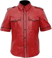 [Clara Leather Jackets] Mens Real Leather Blue Sheep Leather Police Real Uniform Shirt BLUF Gay Mens Shirt Hot Lamb Leather