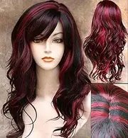 ANESHE Wig Women's 2 Tones Wine Red Mixed Black Big Wave Synthetic Hair Long Wavy Curly Hair Wigs (Red/Black)