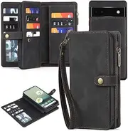 [Yidai-Silu] Google Pixel 6A Flip Case【Wallet,Detachable 】 Magnetic Closure Zipper Case Pockets Wrist Strap Card Holder Kickstand Slots Folio Cover for Google Pixel 6A 6,1” - Black