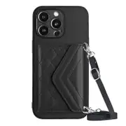 For iPhone 14 Plus Rhombic Texture Card Bag RFID Phone Case with Long Lanyard - Black