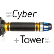 KiWAV Motorcycle Cyber Grips Gold with Tower Bar Ends Blue/Silver