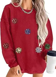 [VILOVE] Christmas Sweatshirt For Women Christmas Sequin Snowflakes Pullover Ribbed Sweatshirt Corded Crewneck Tops
