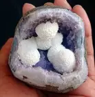 SUPERB OKENITE CLUSTERS IN AMETHYST MATRIX GEODE BASE # 221